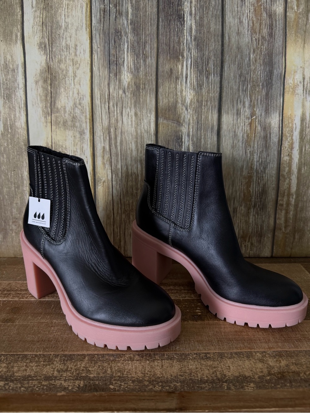 Dolce Vita Black Leather Ankle Boots with Pink Platform Heel